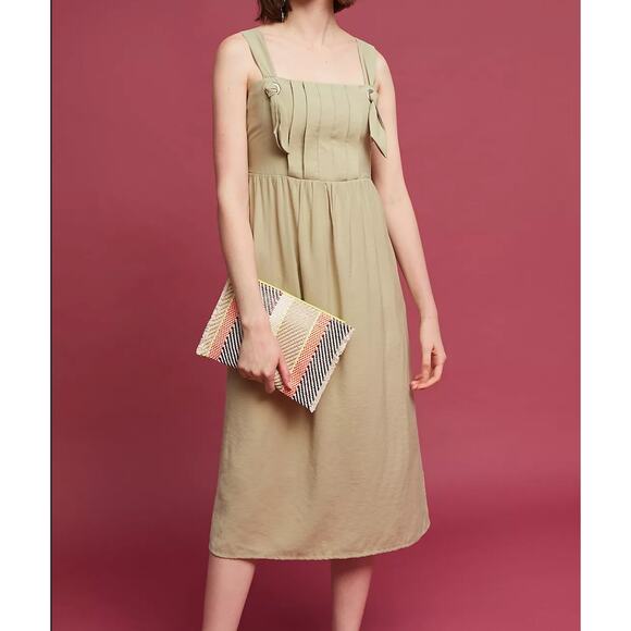 ANTHROPOLOGIE Adira Knotted Shoulder Sleeveless Cinch Back Midi Dress Sage 36/M - Picture 1 of 10